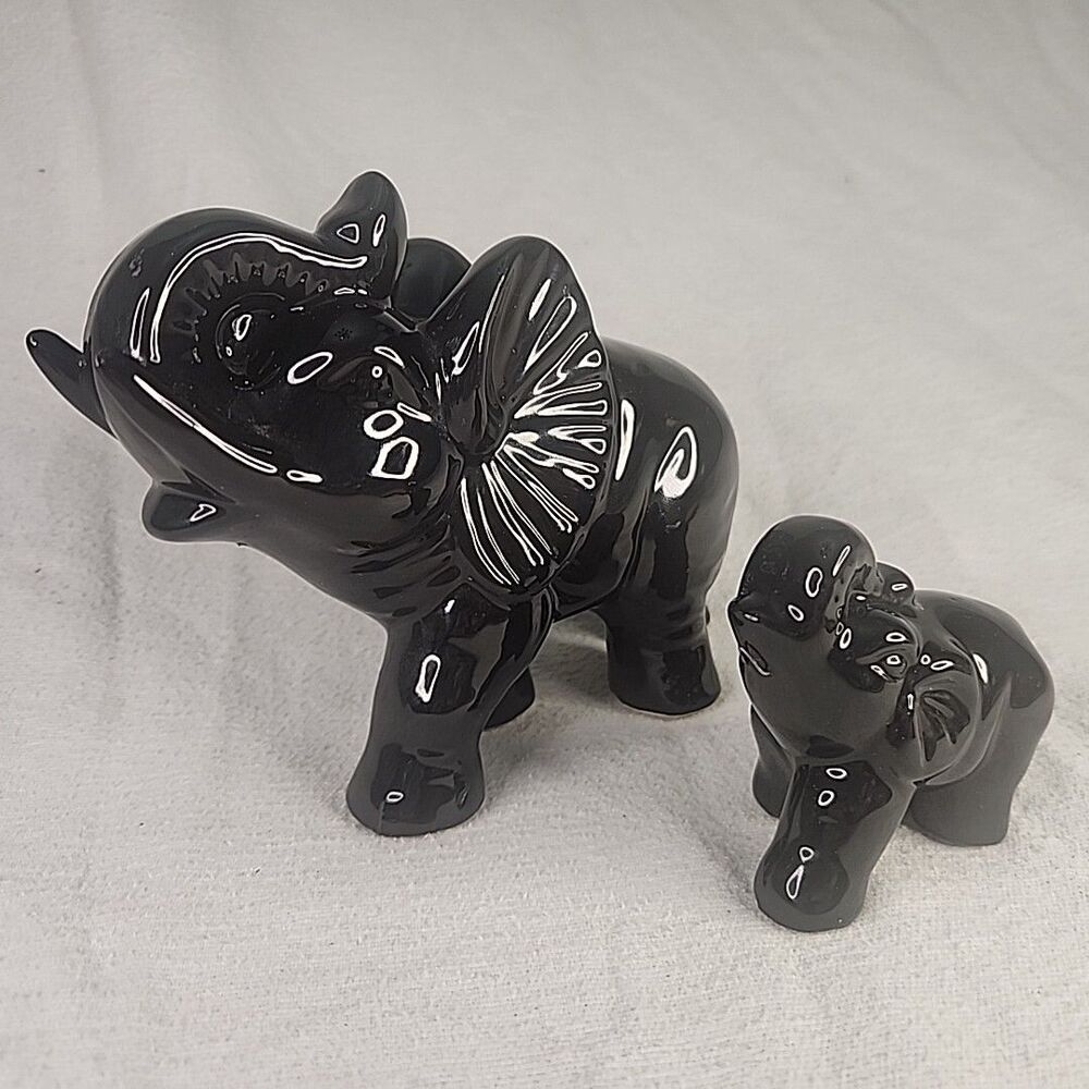 Elephant Figurine Black Ceramic Mother Baby Trunks Up Glossy Vintage MCM